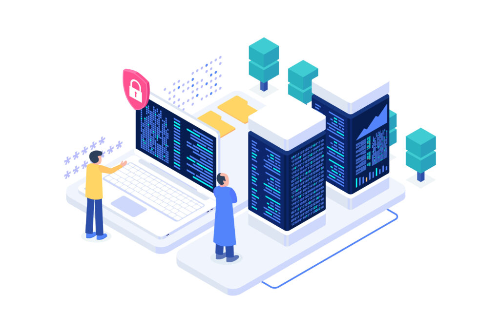 IT specialists managing secure and high-performance data infrastructure with advanced systems